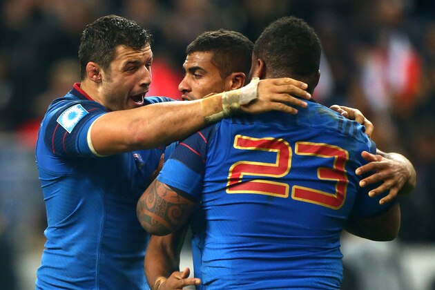 PARIS, FRANCE - NOVEMBER 15: France's Damien Chouly (L) and Mathieu Bastareaud celebrate the win at the fins whistle during the International match between France and Australia at The Stade De France on November 15, 2014 in Paris, France. (Photo by Charlie Crowhurst/Getty Images)
