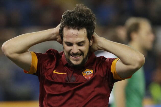 Roma's Mattia Destro reacts after missing a scoring chance during the Serie A soccer match between Roma and Cesena at Rome's Olympic stadium, Wednesday, Oct. 29, 2014. (AP Photo/Gregorio Borgia)