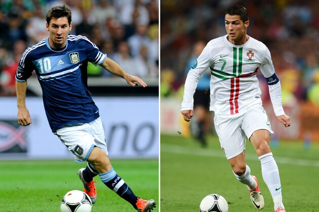 (FILE PHOTO) In this composite image a comparison has been made between Lionel Messi (L), Cristiano Ronaldo (C) and Andres Iniesta (R). All three players have been shortlisted for the FIFA Ballon d'Or 2012, the winner of the award will be revealed at the FIFA Ballon d’Or gala at the Zurich Kongresshaus on 7 January 2013.  ***LEFT IMAGE*** AUGUST 15: Lionel Messi of Argentina runs with the ball  during the international friendly match between Germany and Argentina at Commerzbank-Arena on August 15, 2012 in Frankfurt am Main, Germany.  (Photo by Thorsten Wagner/Bongarts/Getty Images) ***CENTRE IMAGE*** JUNE 27:  Cristiano Ronaldo of Portugal in action during the UEFA EURO 2012 semi final match between Portugal and Spain at Donbass Arena on June 27, 2012 in Donetsk, Ukraine.  (Photo by Jasper Juinen/Getty Images) ***RIGHT IMAGE*** OCTOBER 16:  Andres Iniesta of Spain in action during the FIFA 2014 World Cup Qualifier between Spain and France at the Vicente Calderon Stadium on October 16, 2012 in Madrid, Spain. (