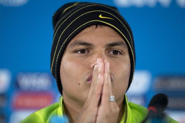 Brazil's Thiago Silva looks on during a press conference one day before his team's World Cup third-place soccer match against the Netherlands at the Estadio Nacional in Brasilia, Brazil, Friday, July 11, 2014. (AP Photo/Andre Penner)