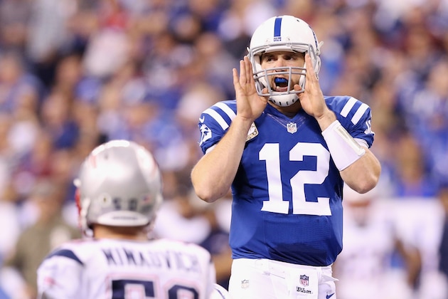 INDIANAPOLIS, IN - NOVEMBER 16:  Quarterback  Andrew Luck #12 of the Indianapolis Colts calls a play against the New England Patriots during the fourth quarter of the game at Lucas Oil Stadium on November 16, 2014 in Indianapolis, Indiana.  (Photo by Andy Lyons/Getty Images)