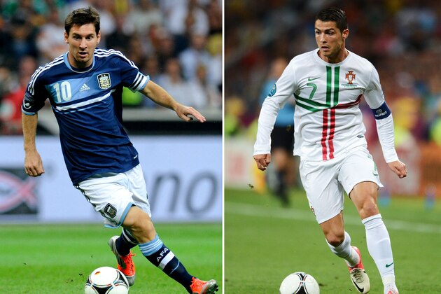 (FILE PHOTO) In this composite image a comparison has been made between Lionel Messi (L), Cristiano Ronaldo (C) and Andres Iniesta (R). All three players have been shortlisted for the FIFA Ballon d'Or 2012, the winner of the award will be revealed at the FIFA Ballon d’Or gala at the Zurich Kongresshaus on 7 January 2013.  ***LEFT IMAGE*** AUGUST 15: Lionel Messi of Argentina runs with the ball  during the international friendly match between Germany and Argentina at Commerzbank-Arena on August 15, 2012 in Frankfurt am Main, Germany.  (Photo by Thorsten Wagner/Bongarts/Getty Images) ***CENTRE IMAGE*** JUNE 27:  Cristiano Ronaldo of Portugal in action during the UEFA EURO 2012 semi final match between Portugal and Spain at Donbass Arena on June 27, 2012 in Donetsk, Ukraine.  (Photo by Jasper Juinen/Getty Images) ***RIGHT IMAGE*** OCTOBER 16:  Andres Iniesta of Spain in action during the FIFA 2014 World Cup Qualifier between Spain and France at the Vicente Calderon Stadium on October 16, 2012 in Madrid, Spain. (