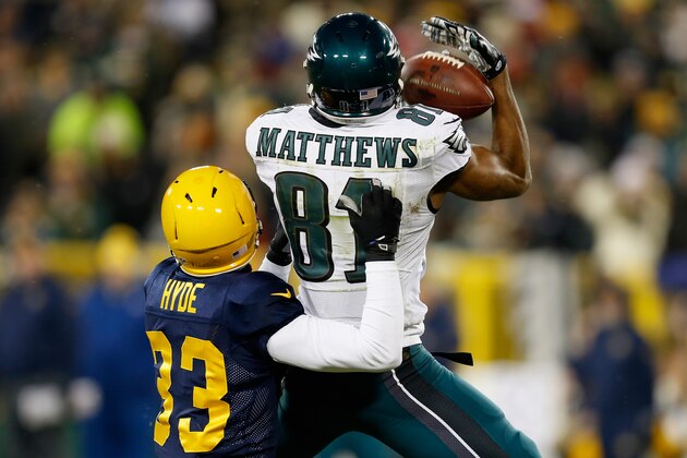 GREEN BAY, WI - NOVEMBER 16:  Jordan Matthews #81 of the Philadelphia Eagles makes a catch against  Micah Hyde #33 of the Green Bay Packers at Lambeau Field on November 16, 2014 in Green Bay, Wisconsin.  (Photo by Mike Zarrilli/Getty Images)