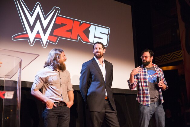 WWE Superstars Daniel Bryan, Bad News Barrett and Damien Sandow take the stage at the WWE 2K15 Press Event at Cicada on Saturday, August 16, 2014 in Los Angeles. (Photo by Colin Young-Wolff/Invision for 2K/AP Images)
