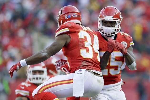 Kansas City Chiefs running back Knile Davis, left, celebrates with teammate Jamaal Charles, right, after scoring a touchdown in the second half of an NFL football game against the Seattle Seahawks in Kansas City, Mo., Sunday, Nov. 16, 2014. (AP Photo/Charlie Neibergall)