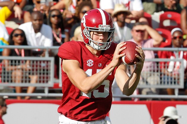 Sep 20, 2014; Tuscaloosa, AL, USA; Alabama Crimson Tide punter JK Scott (15) prepares to punt against the Florida Gators at Bryant-Denny Stadium. Mandatory Credit: Marvin Gentry-USA TODAY Sports