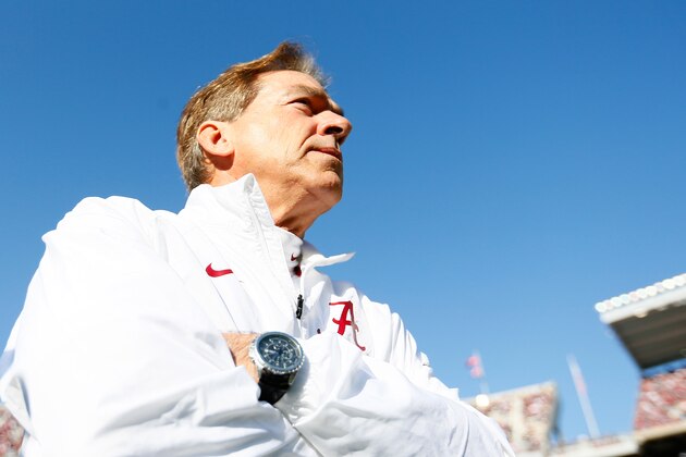TUSCALOOSA, AL - NOVEMBER 15:  Head coach Nick Saban of the Alabama Crimson Tide looks on during pregame warmups prior to facing the Mississippi State Bulldogs at Bryant-Denny Stadium on November 15, 2014 in Tuscaloosa, Alabama.  (Photo by Kevin C. Cox/Getty Images)