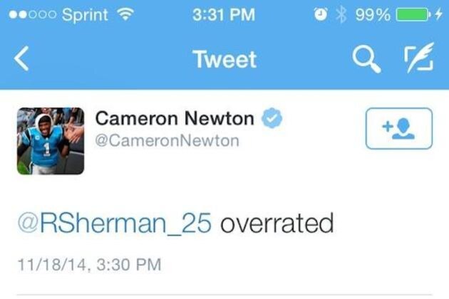 Carolina Panthers' Cam Newton (1) runs past Seattle Seahawks' Richard Sherman (25) during the fourth quarter of an NFL football game in Charlotte, N.C., Sunday, Oct. 7, 2012. The Seahawks won 16-12. (AP Photo/Nell Redmond)