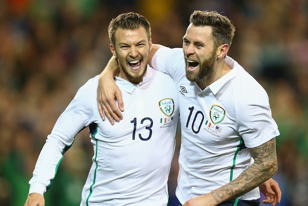DUBLIN, IRELAND - NOVEMBER 18:  Anthony Pilkington (L) of Ireland celebrates scoring his sides opening goal with Daryl Murphy (R) during the International Friendly match between the Republic of Ireland and USA at the Aviva Stadium on November 18, 2014 in Dublin, Ireland.  (Photo by Michael Steele/Getty Images)