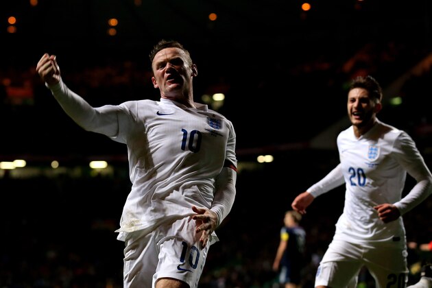 GLASGOW, SCOTLAND - NOVEMBER 18:  Wayne Rooney of England celebrates after scoring his team's third goal during the International Friendly match between Scotland and England at Celtic Park Stadium on November 18, 2014 in Glasgow, Scotland.  (Photo by Alex Livesey/Getty Images)
