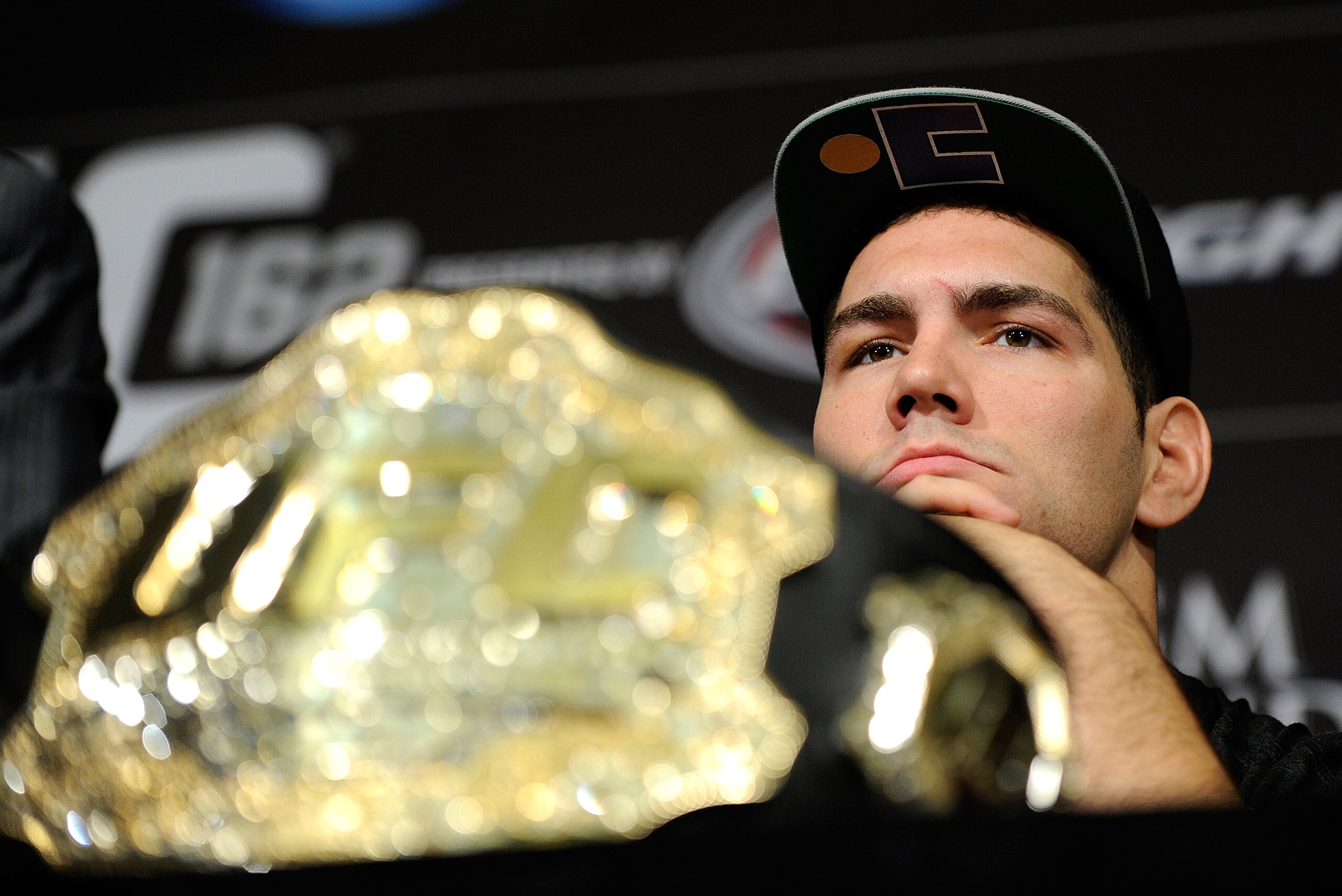 Chris Weidman looks on during the post fight news conference after his victory over Anderson Silva at a UFC 162 mixed martial arts middleweight championship bout Saturday, July 6, 2013, in Las Vegas. Weidman won with a second round TKO. (AP Photo/David Becker) Chris Weidman looks on during the post fight news conference after his victory over Anderson Silva at a UFC 162 mixed martial arts middleweight championship bout Saturday, July 6, 2013, in Las Vegas. Weidman won with a second round TKO. (AP Photo/David Becker)