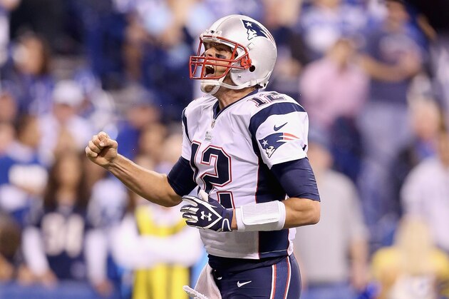 INDIANAPOLIS, IN - NOVEMBER 16:  Tom Brady #12 of the New England Patriots celebrates after a touchdown during the game against the Indianapolis Colts at Lucas Oil Stadium on November 16, 2014 in Indianapolis, Indiana.  (Photo by Andy Lyons/Getty Images)