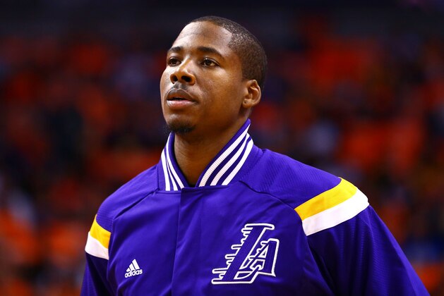 Oct 29, 2014; Phoenix, AZ, USA; Los Angeles Lakers forward Ed Davis (21) against the Phoenix Suns during the home opener at US Airways Center. The Suns defeated the Lakers 119-99. Mandatory Credit: Mark J. Rebilas-USA TODAY Sports