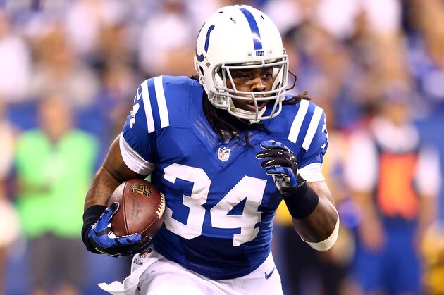 INDIANAPOLIS, IN - SEPTEMBER 15: Running back Trent Richardson #34 of the Indianapolis Colts carries the ball against the Philadelphia Eagles during a game at Lucas Oil Stadium on September 15, 2014 in Indianapolis, Indiana.  (Photo by Andy Lyons/Getty Images)