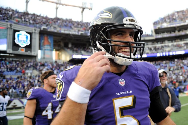 BALTIMORE, MD - NOVEMBER 09: Quarterback Joe Flacco #5 of the Baltimore Ravens celebrates after defeating the Tennessee Titans  at M&T Bank Stadium on November 9, 2014 in Baltimore, Maryland. (Photo by Patrick Smith/Getty Images)