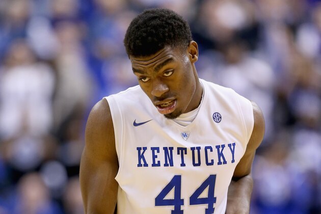 INDIANAPOLIS, IN - NOVEMBER 18:  Dakari Johnson #44 of the Kentucky Wildcats celebrates after a made three point shot during the game against the Kansas Jayhwaks in the State Farm Champions Classic at Bankers Life Fieldhouse on November 18, 2014 in Indianapolis, Indiana.  (Photo by Andy Lyons/Getty Images)