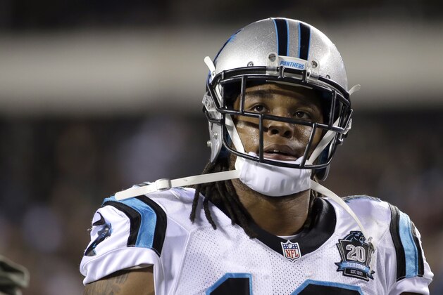 Carolina Panthers' Kelvin Benjamin walks off the field after the first half of an NFL football game against the Philadelphia Eagles, Monday, Nov. 10, 2014, in Philadelphia. (AP Photo/Matt Rourke)