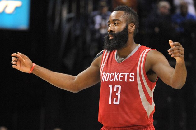 Houston Rockets guard James Harden (13) plays in the first half of an NBA basketball game Monday, Nov. 17, 2014, in Memphis, Tenn. (AP Photo/Brandon Dill)