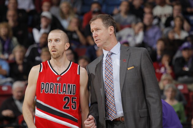SACRAMENTO, CA - OCTOBER 31: Head coach Terry Stotts of the Portland Trail Blazers coaches his player Steve Blake #25 against the Sacramento Kings on October 31, 2014 at Sleep Train Arena in Sacramento, California. NOTE TO USER: User expressly acknowledges and agrees that, by downloading and or using this photograph, User is consenting to the terms and conditions of the Getty Images Agreement. Mandatory Copyright Notice: Copyright 2014 NBAE (Photo by Rocky Widner/NBAE via Getty Images)