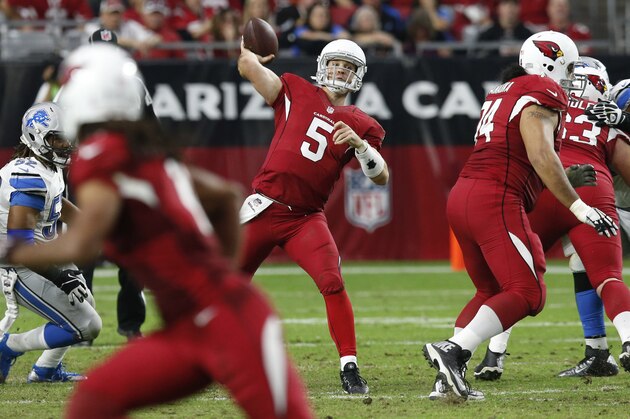 Arizona Cardinals quarterback Drew Stanton (5) throws against the Detroit Lions during the second half of an NFL football game, Sunday, Nov. 16, 2014, in Glendale, Ariz. (AP Photo/Ross D. Franklin)