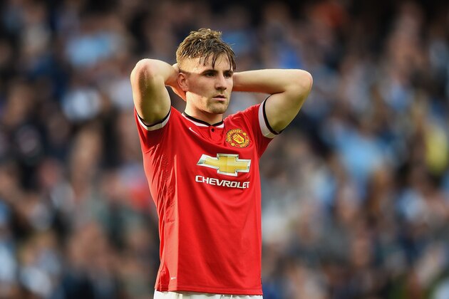 MANCHESTER, ENGLAND - NOVEMBER 02:  A dejected Luke Shaw of Manchester United looks on during the Barclays Premier League match between Manchester City and Manchester United at Etihad Stadium on November 2, 2014 in Manchester, England.  (Photo by Laurence Griffiths/Getty Images)
