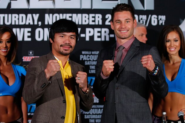 NEW YORK, NY - SEPTEMBER 04:  Manny Pacquiao and Chris Algieri attend the Manny Pacquiao v Chris Algieri Media Tour at The Liberty Theatre on September 4, 2014 in New York City.  (Photo by Joe Scarnici/Getty Images)