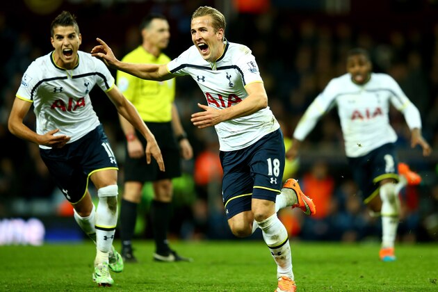 BIRMINGHAM, ENGLAND - NOVEMBER 02:  Harry Kane of Spurs celebrates scoring their second goal during the Barclays Premier League match between Aston Villa and Tottenham Hotspur at Villa Park on November 2, 2014 in Birmingham, England.  (Photo by Richard Heathcote/Getty Images)