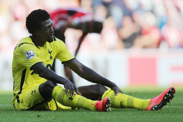 Tottenham Hotspurs' Emmanuel Adebayor during their English Premier League soccer match against Sunderland at the Stadium of Light, Sunderland, England, Saturday, Sept. 13, 2014. (AP Photo/Scott Heppell)