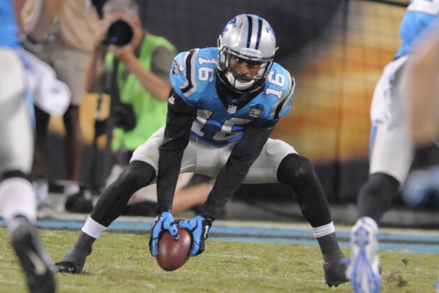 Carolina Panthers' Philly Brown (16) muffs a punt during the second half of an NFL football game against the Pittsburgh Steelers in Charlotte, N.C., Sunday, Sept. 21, 2014. Pittsburgh recovered the ball in the end zone for a touchdown. (AP Photo/Mike McCarn)