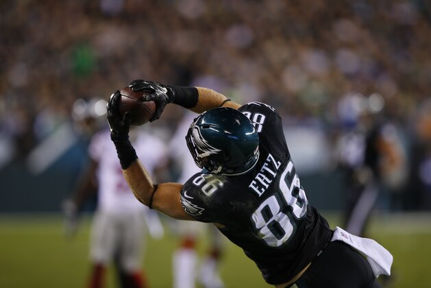 Philadelphia Eagles' Zach Ertz is seen during the second half of an NFL football game against the New York Giants in Philadelphia, Sunday, Oct. 12, 2014. (AP Photo/Michael Perez)