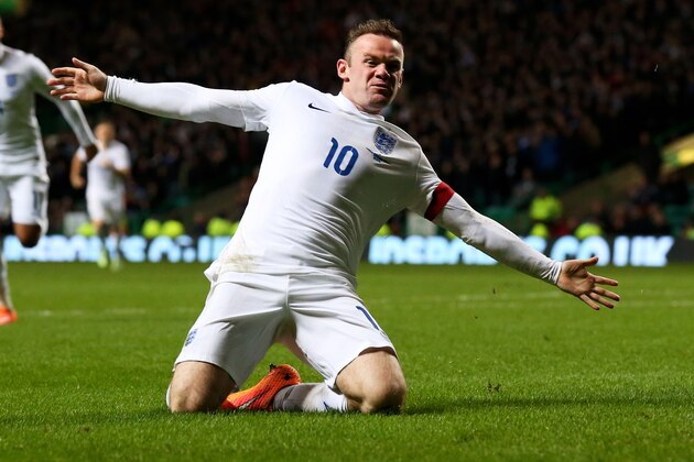 GLASGOW, SCOTLAND - NOVEMBER 18:  Wayne Rooney of England celebrates after scoring his team's  second goal during the International Friendly match between Scotland and England at Celtic Park Stadium on November 18, 2014 in Glasgow, Scotland.  (Photo by Alex Livesey/Getty Images)
