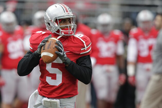 Ohio State quarterback Braxton Miller warms up before their NCAA college football game against Indiana Saturday, Nov. 23, 2013, in Columbus, Ohio. (AP Photo/Jay LaPrete)