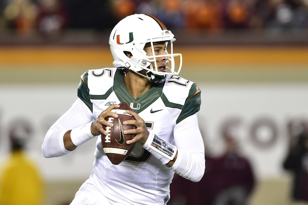 Oct 23, 2014; Blacksburg, VA, USA; Miami Hurricanes quarterback Brad Kaaya (15) looks to pass in the first quarter at Lane Stadium. Mandatory Credit: Bob Donnan-USA TODAY Sports