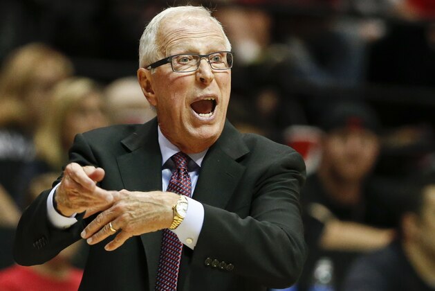 San Diego State coach Steve Fisher express himself to a referee during the second half of a NCAA college basketball game against Cal State Northridge Friday, Nov. 14, 2014, in San Diego.  San Diego State won the game 79-58. (AP Photo/Lenny Ignelzi)