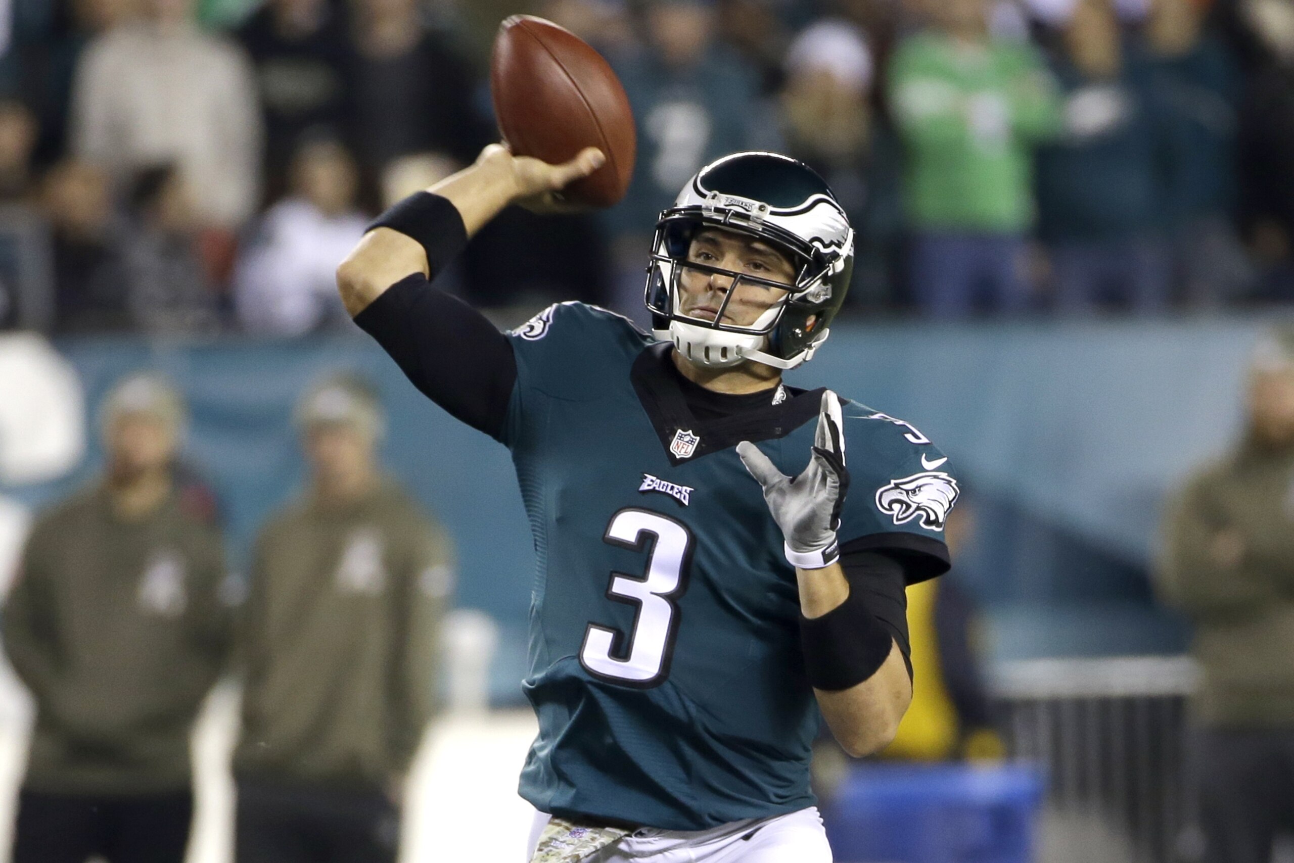 Philadelphia Eagles' Mark Sanchez passes during the first half of an NFL football game against the Carolina Panthers, Monday, Nov. 10, 2014, in Philadelphia. (AP Photo/Matt Rourke) Philadelphia Eagles' Mark Sanchez passes during the first half of an NFL football game against the Carolina Panthers, Monday, Nov. 10, 2014, in Philadelphia. (AP Photo/Matt Rourke)
