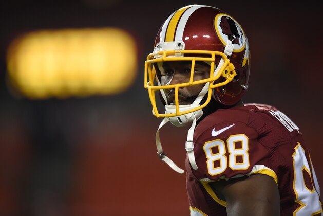 LANDOVER, MD - SEPTEMBER 25: Wide receiver Pierre Garcon #88 of the Washington Redskins looks on during pre-game against the New York Giants at FedExField on September 25, 2014 in Landover, Maryland. (Photo by Patrick Smith/Getty Images)