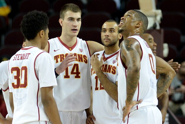 Nov 17, 2014; Los Angeles, CA, USA;   USC Trojans guard Elijah Stewart (30), guard Jordan McLaughlin (11), forward Samer Dhillon (13), guard Julian Jacobs (12) and forward Darion Clark (0) during a time out in the second half of the game against the Tennessee Tech Golden Eagles at Galen Center. USC won 70-58. Mandatory Credit: Jayne Kamin-Oncea-USA TODAY Sports