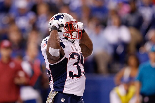 INDIANAPOLIS, IN - NOVEMBER 16:   Jonas Gray #35 of the New England Patriots celebrates a touchdown in the third quarter against the Indianapolis Colts during the game at Lucas Oil Stadium on November 16, 2014 in Indianapolis, Indiana.  (Photo by Joe Robbins/Getty Images)