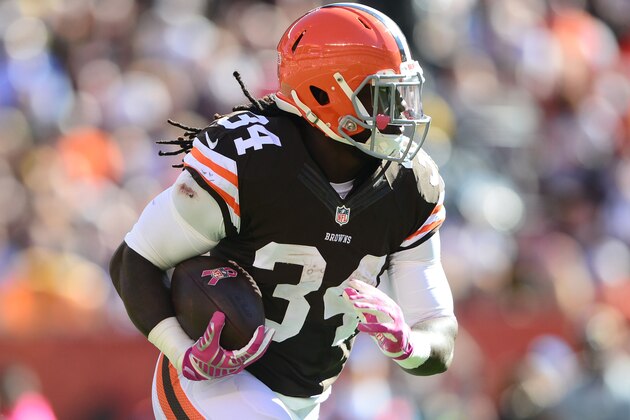 Oct 12, 2014; Cleveland, OH, USA; Cleveland Browns running back Isaiah Crowell (34) runs with the ball during the third quarter against the Pittsburgh Steelers at FirstEnergy Stadium. Mandatory Credit: Andrew Weber-USA TODAY Sports