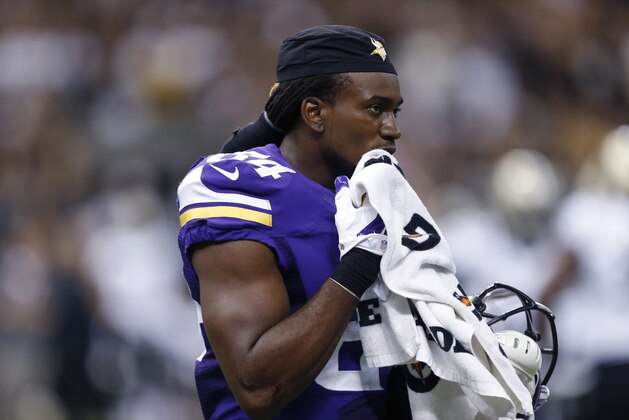 Minnesota Vikings wide receiver Cordarrelle Patterson (84) on the sideline in the second half of an NFL football game against the New Orleans Saints in New Orleans, Sunday, Sept. 21, 2014. (AP Photo/Rogelio Solis)