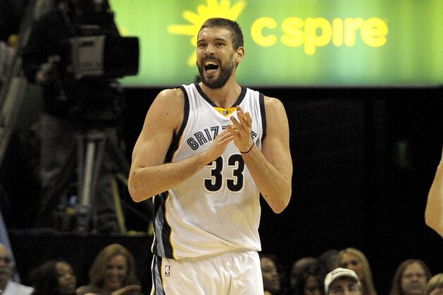 Nov 15, 2014; Memphis, TN, USA; Memphis Grizzlies center Marc Gasol (33) celebrates during the game against the Detroit Pistons at FedExForum. Memphis Grizzlies beat the Detroit Pistons 95 - 85. Mandatory Credit: Justin Ford-USA TODAY Sports