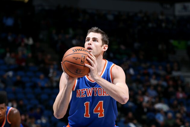 MINNEAPOLIS, MN - NOVEMBER 19: Jason Smith #14 of the New York Knicks attempts a free throw against the Minnesota Timberwolves on November 19, 2014 at Target Center in Minneapolis, Minnesota. NOTE TO USER: User expressly acknowledges and agrees that, by downloading and or using this Photograph, user is consenting to the terms and conditions of the Getty Images License Agreement. Mandatory Copyright Notice: Copyright 2014 NBAE (Photo by David Sherman/NBAE via Getty Images)