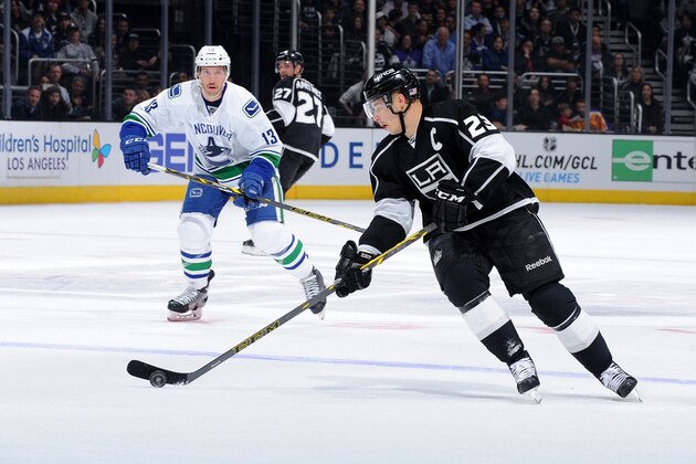 LOS ANGELES, CA - NOVEMBER 8: Dustin Brown #23 of the Los Angeles Kings handles the puck during a game against the Vancouver Canucks at STAPLES Center on November 8, 2014 in Los Angeles, California. (Photo by Juan Ocampo/NHLI via Getty Images)