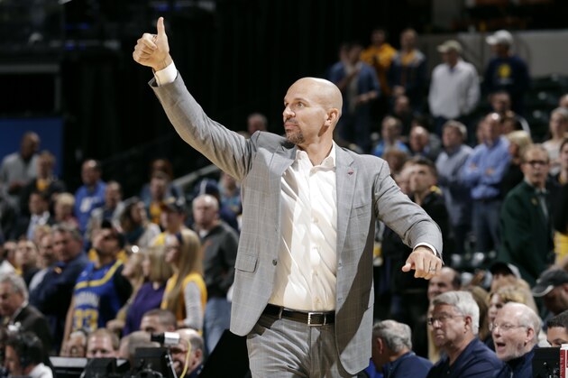 INDIANAPOLIS, IN - NOVEMBER 4: Head coach Jason Kidd of the Milwaukee Bucks celebrates during a game against the Indiana Pacers at Bankers Life Fieldhouse on November 4, 2014 in Indianapolis, Indiana. NOTE TO USER: User expressly acknowledges and agrees that, by downloading and/or using this Photograph, user is consenting to the terms and conditions of the Getty Images License Agreement. Mandatory Copyright Notice: Copyright 2014 NBAE (Photo by Jeff Haynes/NBAE via Getty Images)