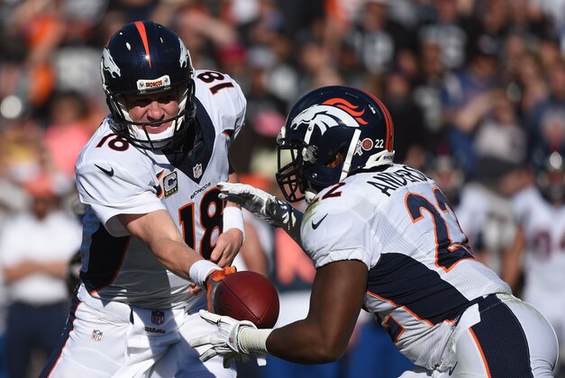 November 9, 2014; Oakland, CA, USA; Denver Broncos quarterback Peyton Manning (18) hands the football off to running back C.J. Anderson (22) during the second quarter against the Oakland Raiders at O.co Coliseum. Mandatory Credit: Kyle Terada-USA TODAY Sports