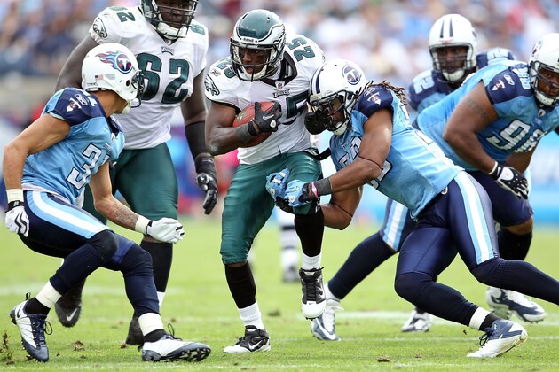 NASHVILLE, TN - OCTOBER 24:  LeSean McCoy #25 of the Philadelphia Eagles is tackled by Michael Griffin #33 during the NFL game against the Tennessee Titans at LP Field on October 24, 2010 in Nashville, Tennessee.  (Photo by Andy Lyons/Getty Images)