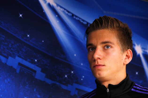 BRUSSELS, BELGIUM - OCTOBER 21:  Dennis Praet looks on after he speaks to the media during the R.S.C. Anderlecht Press Conference held at Constant Vanden Stock Stadium on October 21, 2014 in Brussels, Belgium. Anderlecht and Arsenal will play tomorrow night in their Group D UEFA Champions League match.  (Photo by Dean Mouhtaropoulos/Getty Images)