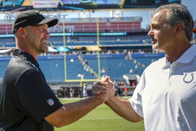 Jacksonville Jaguars head coach Gus Bradley, left, and Indianapolis Colts head coach Chuck Pagano talk at mid field before the start of an NFL football game, Sunday, Sept. 21, 2014, in Jacksonville, Fla. The Colts beat the Jaguars 44-17. (AP Photo/Stephen B. Morton)