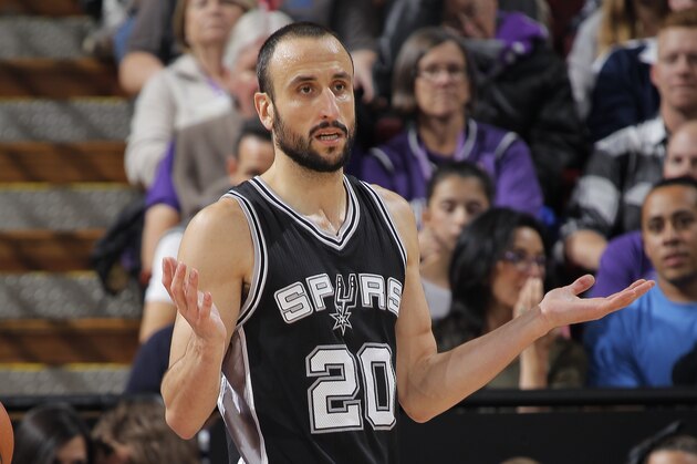 SACRAMENTO, CA - NOVEMBER 15: Manu Ginobili #20 of the San Antonio Spurs reacts against the Sacramento Kings on November 15, 2014 at Sleep Train Arena in Sacramento, California. NOTE TO USER: User expressly acknowledges and agrees that, by downloading and or using this photograph, User is consenting to the terms and conditions of the Getty Images Agreement. Mandatory Copyright Notice: Copyright 2014 NBAE (Photo by Rocky Widner/NBAE via Getty Images)