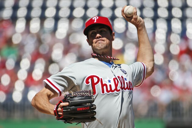 Philadelphia Phillies starting pitcher Cole Hamels throws during the first inning of a baseball game against the Washington Nationals at Nationals Park, Sunday, Sept. 7, 2014, in Washington. (AP Photo/Alex Brandon)